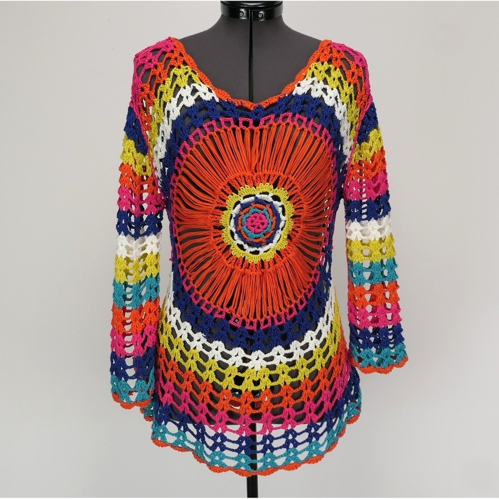 Crochet Tunic Mandala Sunburst Boho Festival Rainbow Knit Artisanal Beach Kaftan